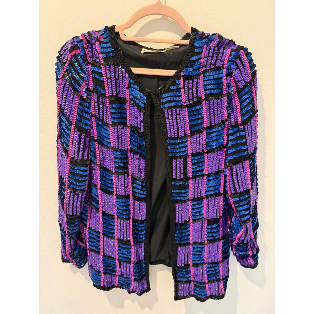 Vintage 80s Mannequin Silk Sequin Beaded Open Front Evening Jacket